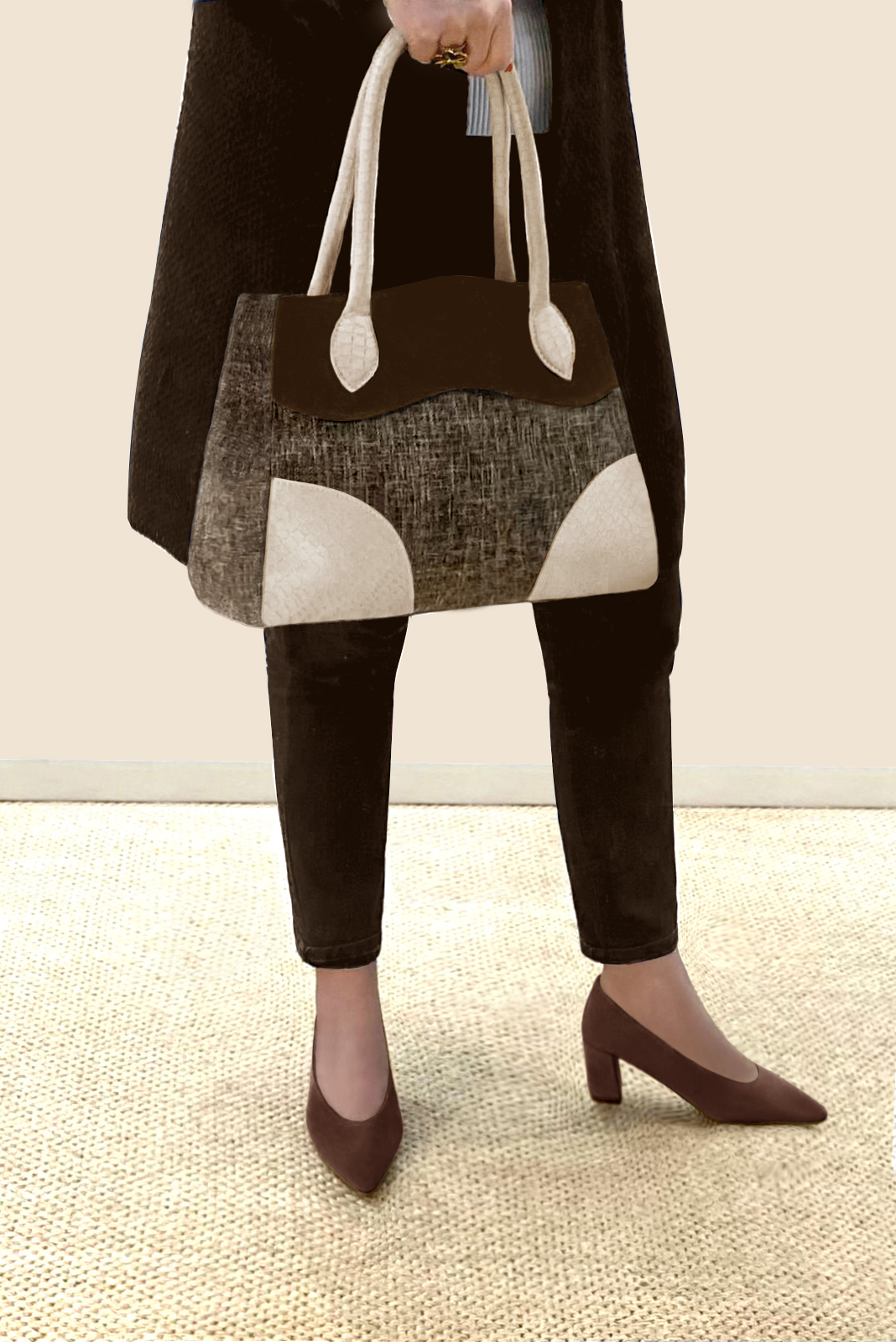 Dark brown and champagne white women's dress handbag, matching pumps and belts. Worn view - Florence KOOIJMAN